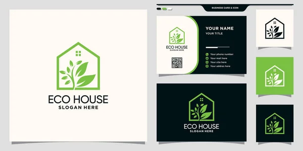 Eco House Logo Mit Linienstil Und Visitenkartendesign Premium Vector — Stockvektor