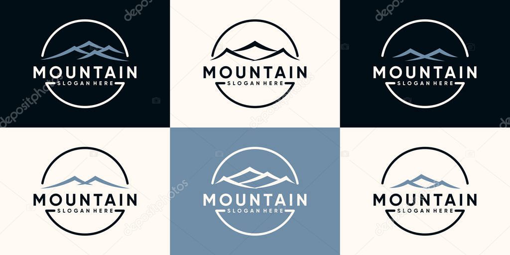 Set bundle of mountain logo design with line art style and circle concept Premium Vector
