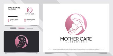 Ana ve bebek logosu negatif uzay konsepti ve kartvizit tasarımlı Premium Vektör