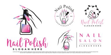 Set of nail polish or nail studio logo design for manicure salon with woman hands Premium Vector clipart