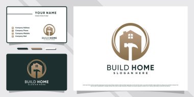 Çekiç elemanı ve kartvizit şablonlu ev onarımı simgesi için logo tasarımı