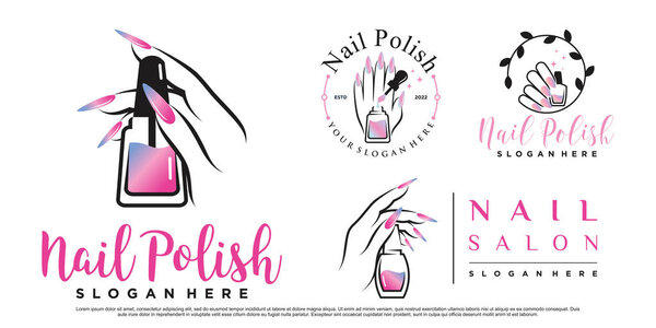 Set of nail polish or nail studio logo design for manicure salon with woman hands Premium Vector