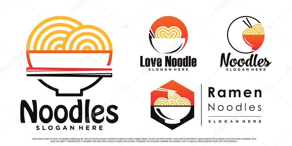 Set of ramen noodle icon logo design bundle with bowl, chopstick and creative concept Premium Vector