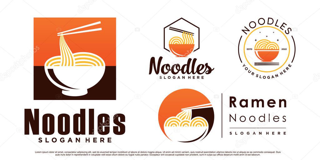 Set of noodle and ramen icon logo design bundle with bowl and chopstick Premium Vector
