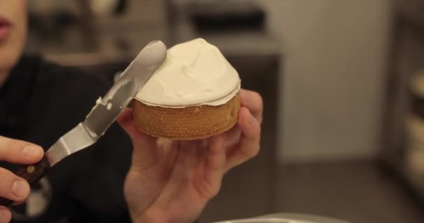Preparación Tartas Con Mousse Una Mini Tarta Manos Chef Pastelero — Vídeo de stock