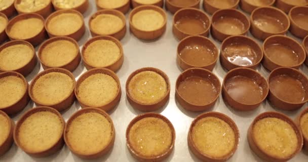 Large Number Mini Tarts Laid Out Even Rows Professional Pastry — Stock Video
