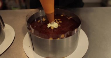 Çikolatalı turtanın mutfak şırıngası ile dekorasyonu üzerinde çalışan bir kadın eli..