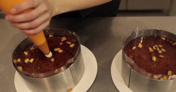 糖果商的女性手在用烹饪注射器装饰巧克力馅饼上工作 — 图库视频影像