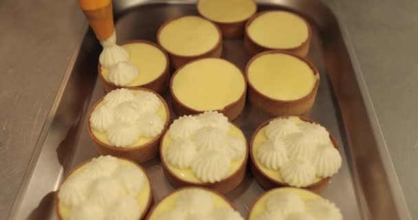 Decorare Tortine Con Crema Usando Una Siringa Culinaria Cucina Professionale — Video Stock
