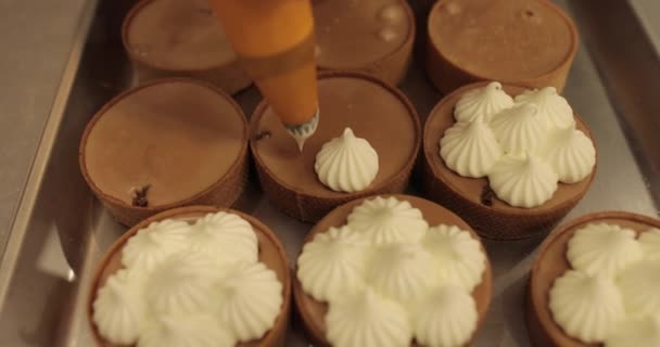 用一个烹饪注射器用奶油装饰防水布 专业的糖果厨房 由专业糖果店大规模装饰蛋糕店 — 图库视频影像