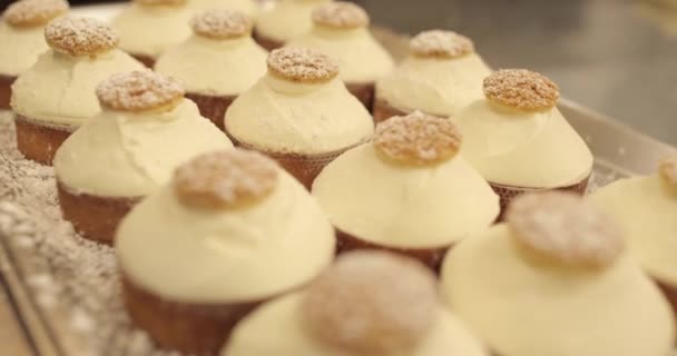 粉砂糖で振りかける既製のケーキは プロのペストリーショップの金属トレイの列でも積み重ねられています — ストック動画