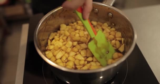 菓子に充填するためのリンゴの準備 ソースパンにリンゴを混ぜ 加熱中にかき混ぜる タルトのための充填 — ストック動画