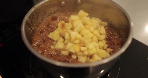 准备苹果 以填补糖果 用平底锅搅拌切碎的苹果 加热时搅拌 填饱方块 — 图库视频影像