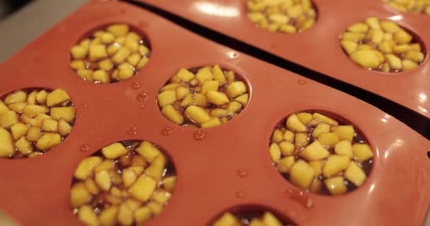 Preparazione Dessert Mele Una Teglia Silicone Riempire Vassoio Silicone Con — Video Stock
