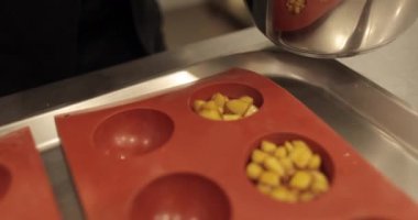 Elma tatlılarını silikon pişirme tepsisinde hazırlamak. Profesyonel bir pastacının işi sırasında silikon tepsiyi doğranmış elmalarla doldurmak.