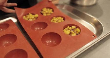 Elma tatlılarını silikon pişirme tepsisinde hazırlamak. Profesyonel bir pastacının işi sırasında silikon tepsiyi doğranmış elmalarla doldurmak.