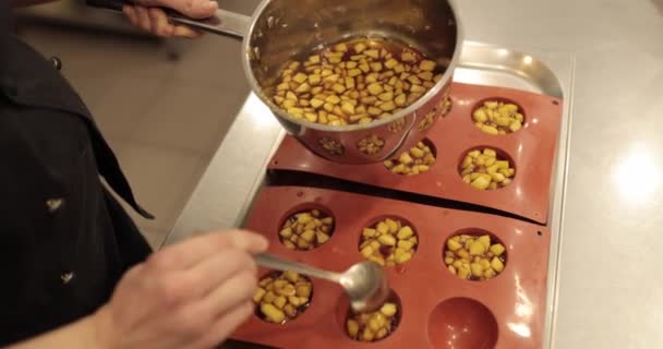 Préparation Desserts Aux Pommes Dans Une Plaque Cuisson Silicone Remplissage — Video