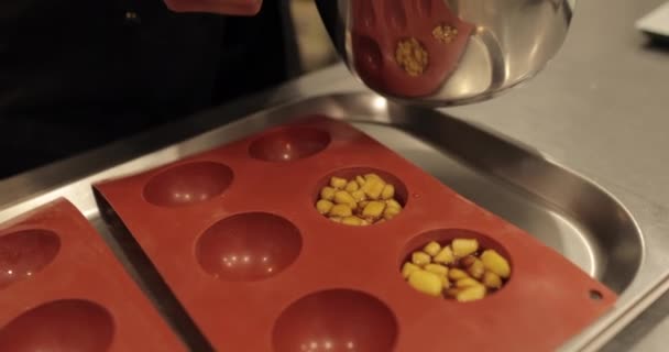 Beredning Äppeldesserter Silikon Bakplåt Fylla Silikon Bricka Med Tärnade Äpplen — Stockvideo
