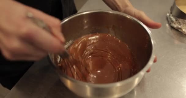 Whipping Choklad Mousse Glasyr Med Nedsänkt Hand Mixer Närbild Mixer — Stockvideo