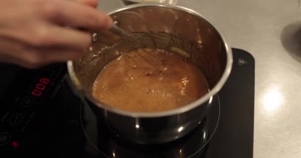 Adding Mixing Butter Chocolate Mousse Make Dessert Chocolate Preparation Professional — Stock Video