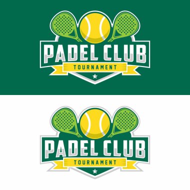 Rozet amblemi Paddle Tenis Kulübü logosu tasarımı, raket ve top vektörü