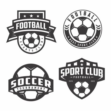 Futbol kulübü rozeti amblemi, futbol turnuvası logosu ve futbol topu seti.