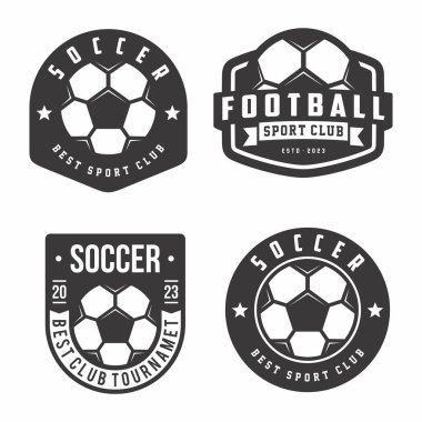 Futbol kulübü rozeti amblemi, futbol turnuvası logosu ve futbol topu seti.