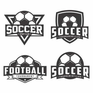 Futbol kulübü rozeti amblemi, futbol turnuvası logosu ve futbol topu seti.