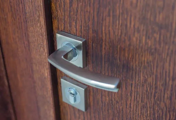 The metal door handle on a brown door close up.