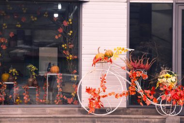 Sonbahar, yapraklar, balkabaklarıyla süslenmiş bisiklet.