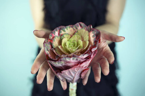 Woman holding a rose head in her hands