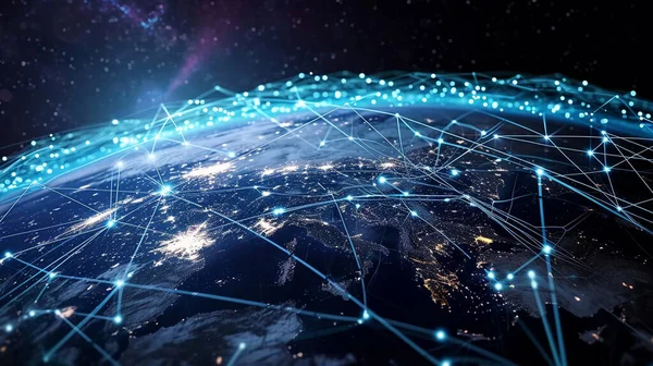 Küresel ağ bağlantısı ve dünya haritası küresel internet bağlantısı ve gelecekteki şeylerin 5 G ve dijital teknolojisi kavramları üzerine.