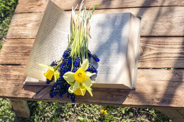 book and spring first  flowers in wooden table