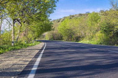 Asfalt yol tarlası ve yaz günü mavi gökyüzünde bulutlar.