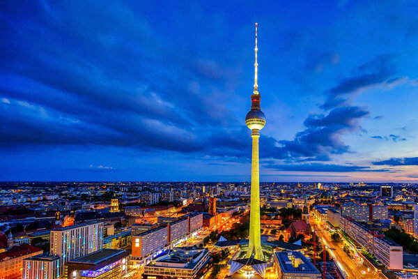 A night view of Berlin with a view of the TV tower and Alexanderplatz