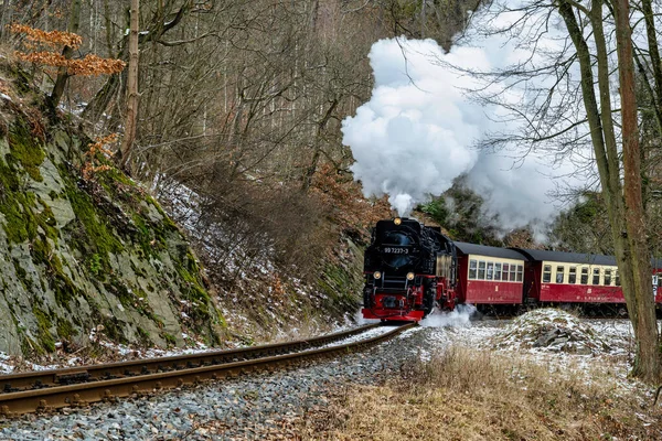 Velha Locomotiva Vapor Nas Montanhas Harz Alemanha Que Atravessa Floresta — Fotografia de Stock