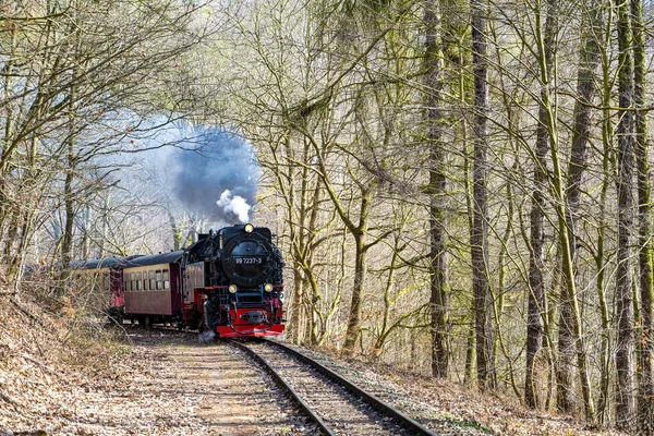 Vieille Locomotive Vapeur Dans Les Montagnes Harz Allemagne Conduisant Travers — Photo