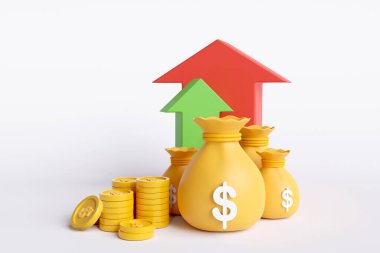 Beyaz arka planda izole edilmiş okla altın para ve ok. 3d illüstrasyon