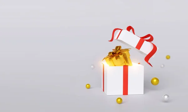 有金丝带和圣诞树的礼品盒 3D渲染 — 图库照片