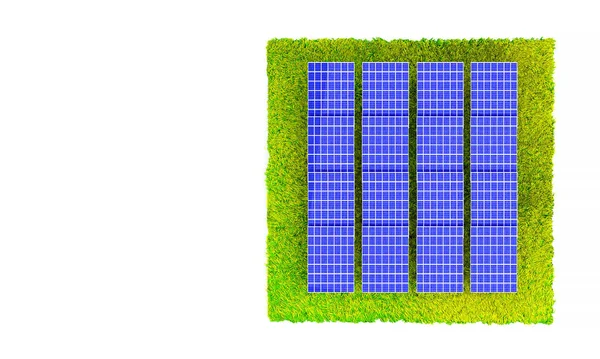 Groen Gras Met Zonnecellen Geïsoleerd Witte Achtergrond — Stockfoto