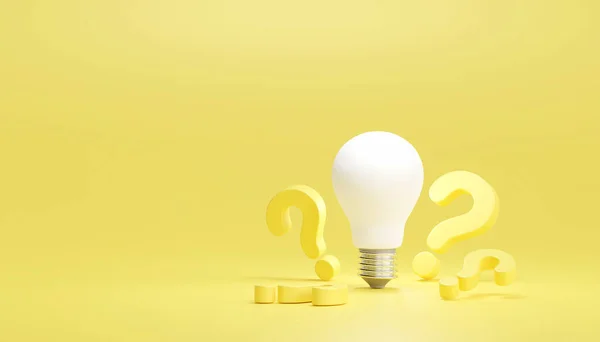 黄色の背景の質問マークが付いている電球 創造的なアイデアコンセプト Dレンダリング — ストック写真
