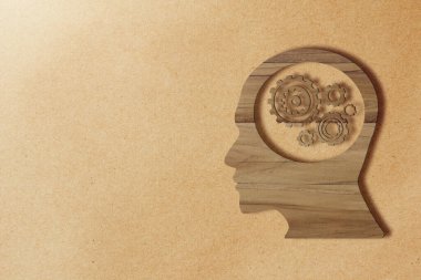 İnsan beyninin arka planında ahşap bir kafa var.