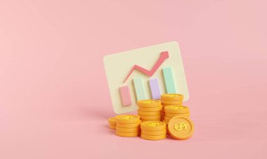 Pembe arka planda altın sikkeler. 3d oluşturma.