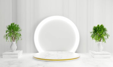 Minimum modern boş beyaz podyum ve beyaz arka plan. 3d oluşturma.