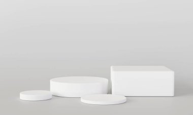 3D, kozmetik ürünler için minimum beyaz podyum hazırlıyor. Geometrik şekilli soyut renk şekli. Moda ve güzellik için soyut doğal renk