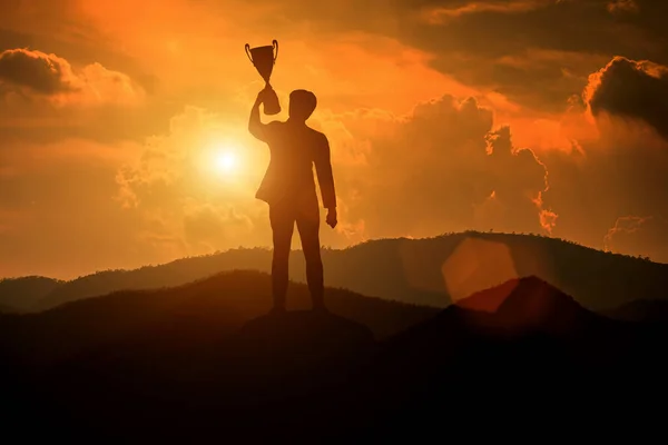 stock image silhouette of a man holding a trophy cup. success concept.