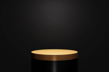 Siyah arka planda siyah bir podyum. 3d oluşturma