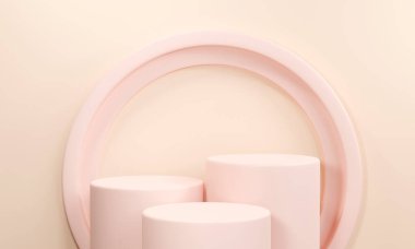 Pastel pembe arka planda ürün sunumu için boş yuvarlak podyum. 3d illüstrasyon