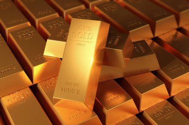 Beyaz arkaplanda dolar sembolü olan altın külçeler, 3 boyutlu illüstrasyon.