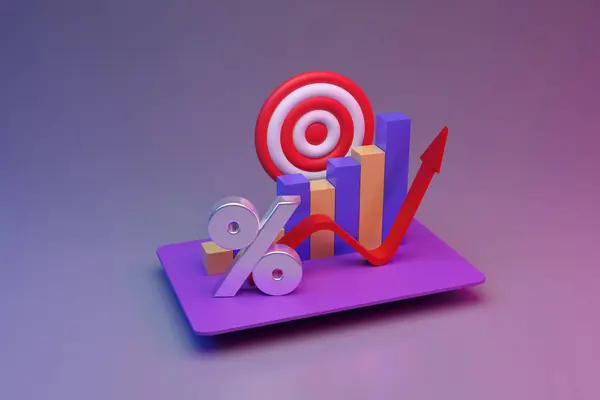 Bar graph, pastel business bar, up arrow, percentage and target. Business planning concept to increase profit or return of stock market. Investing  for financial success. illustration 3D rendering.